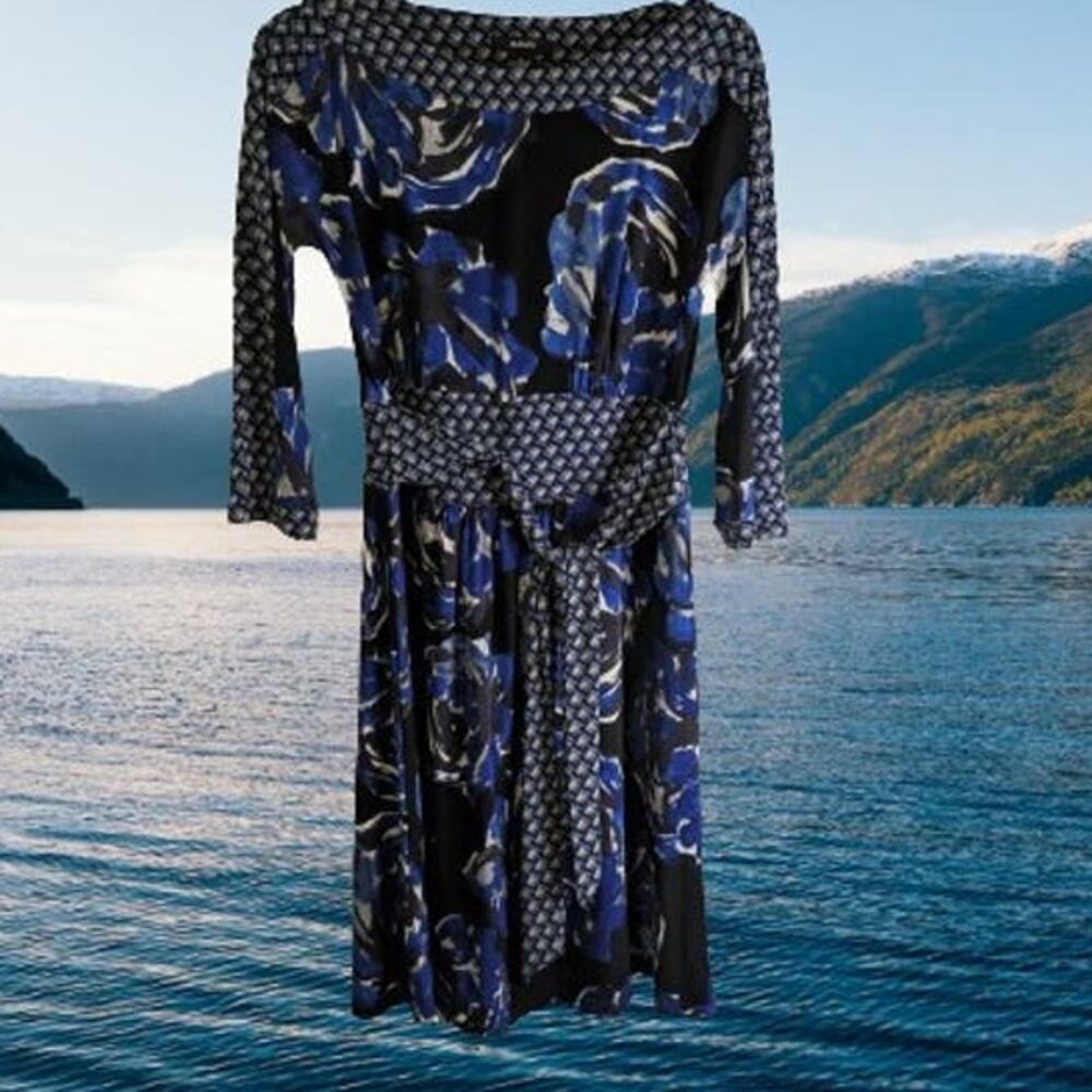 Alfani 8 3/4 sleeve blue black polyester blend stretch wide attached belt dress